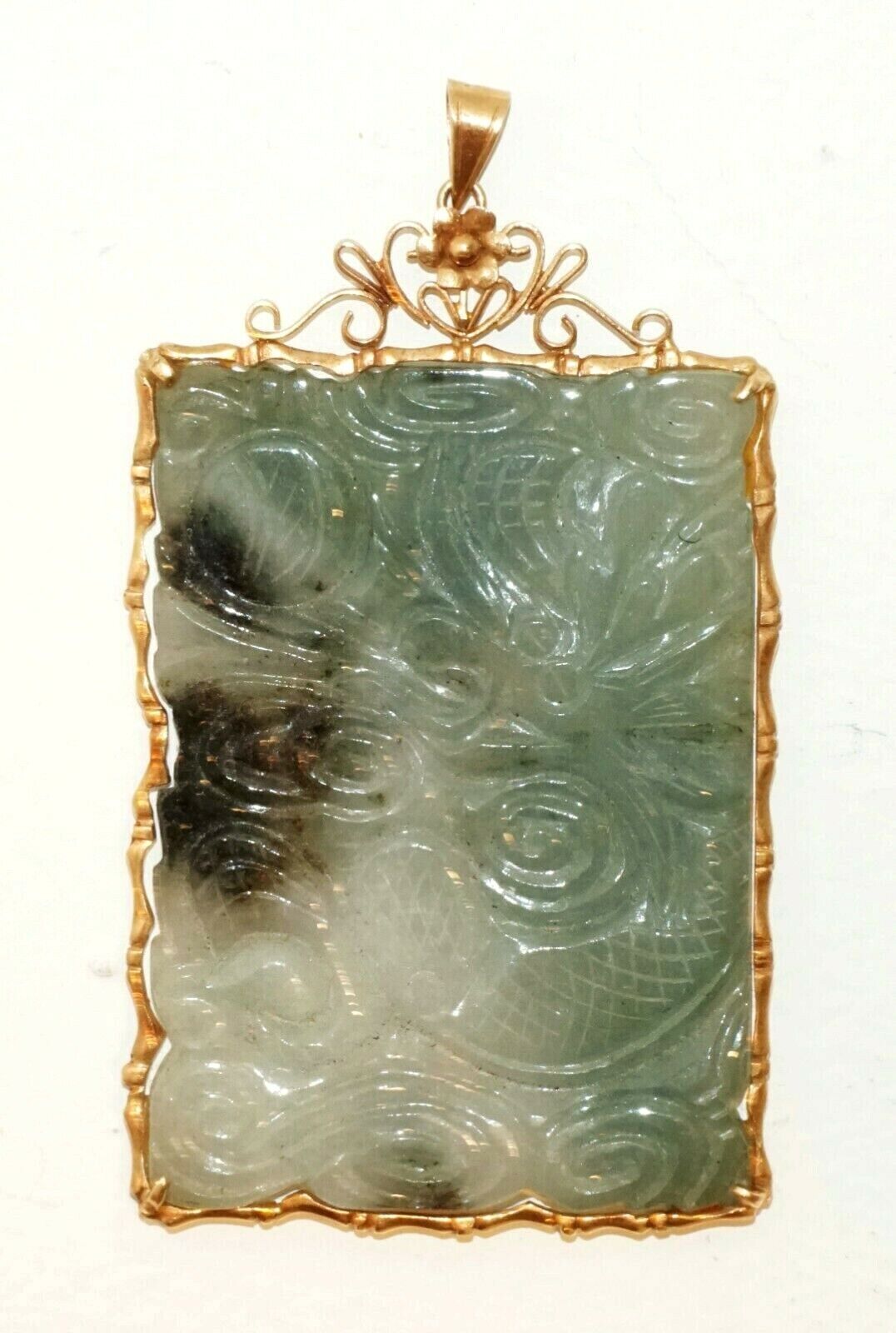 Vintage Chinese 14k Yellow Gold Jade Plaque Pendant w. Dragon Motif (GoH)#7a