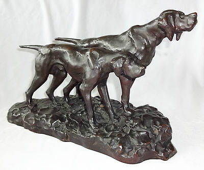 1930s JAPANESE BRONZE SCULPTURE "PAIR of HUNTING DOGS" sign HIDEAKI (Ree)