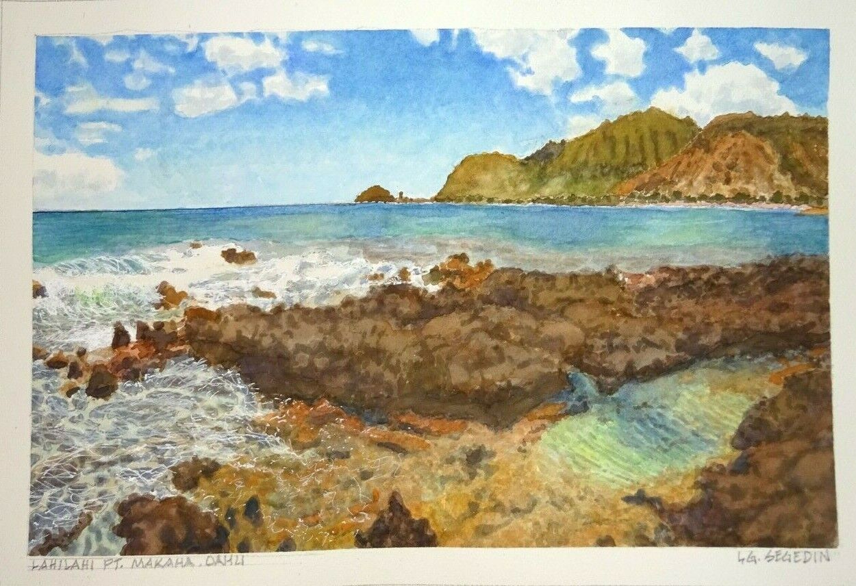 Hawaii Watercolor Painting "Lahilahi Point, Makaha Oahu" by L. Segedin #139