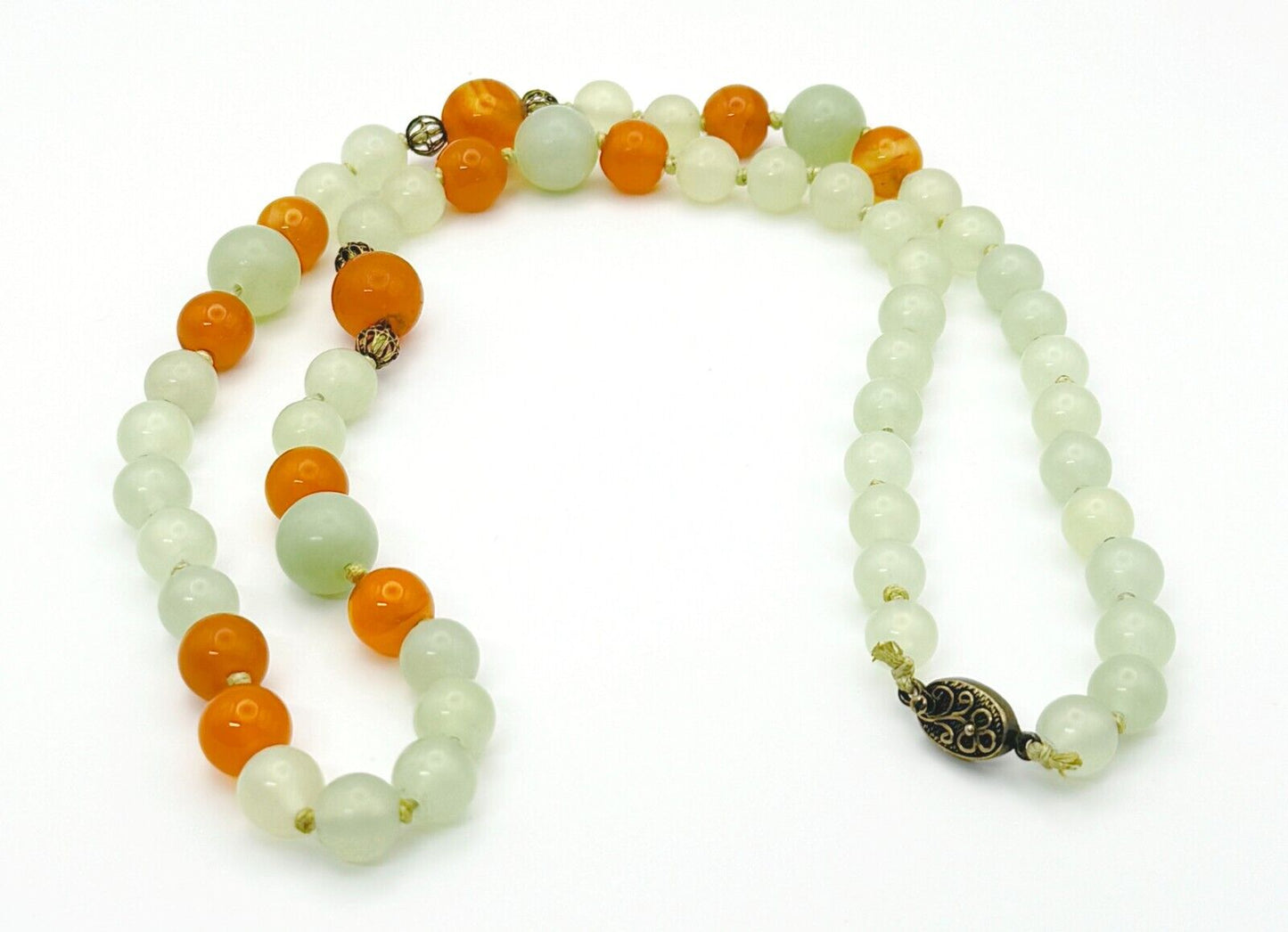 Vtg Chinese Celadon Jade & Carnelian Bead Necklace 27" w Filigree Clasp (MiM)