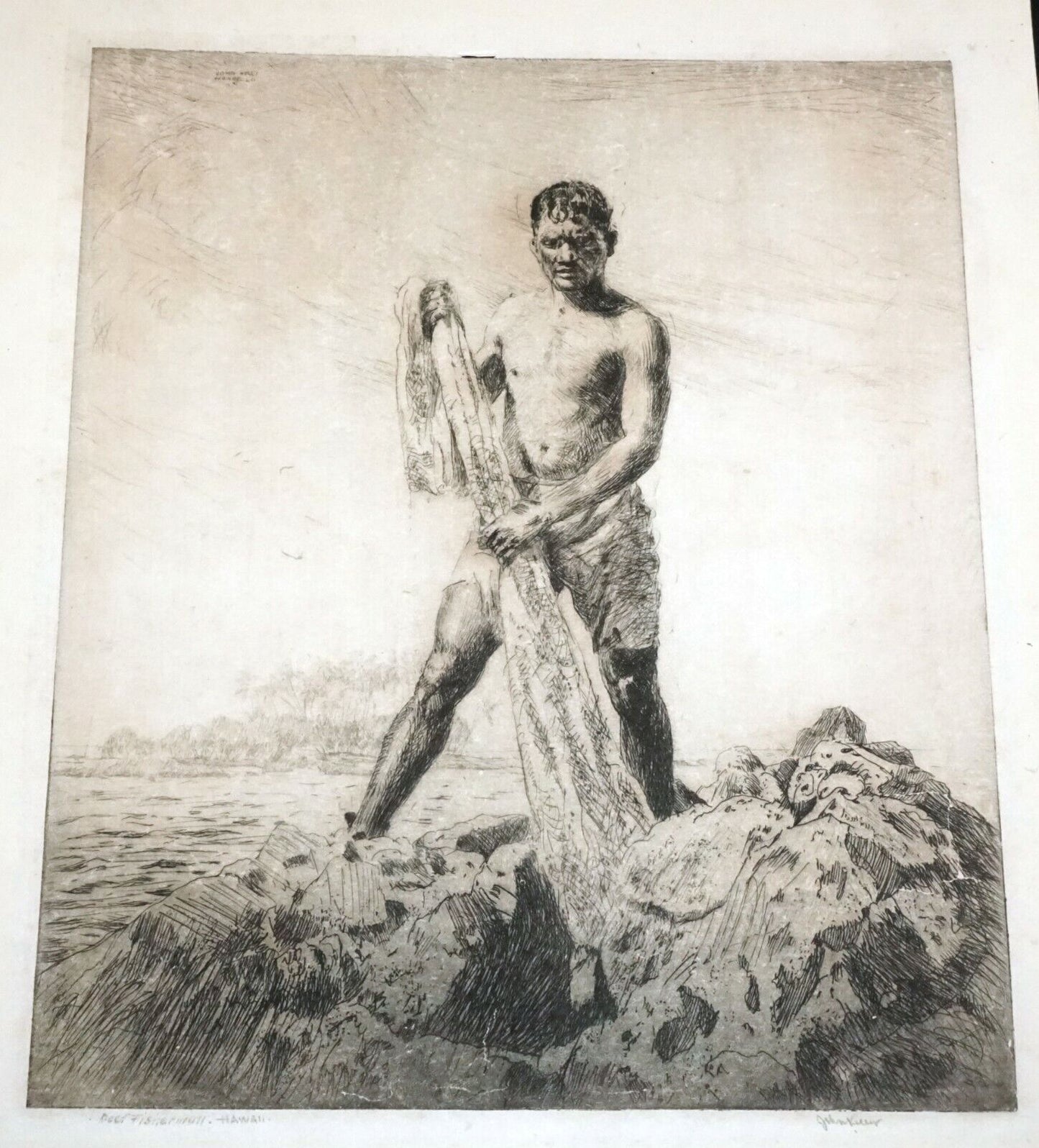 1928 Hawaii Etching Print Reef Fisherman by John Melville Kelly (1879-1962)(Kel)