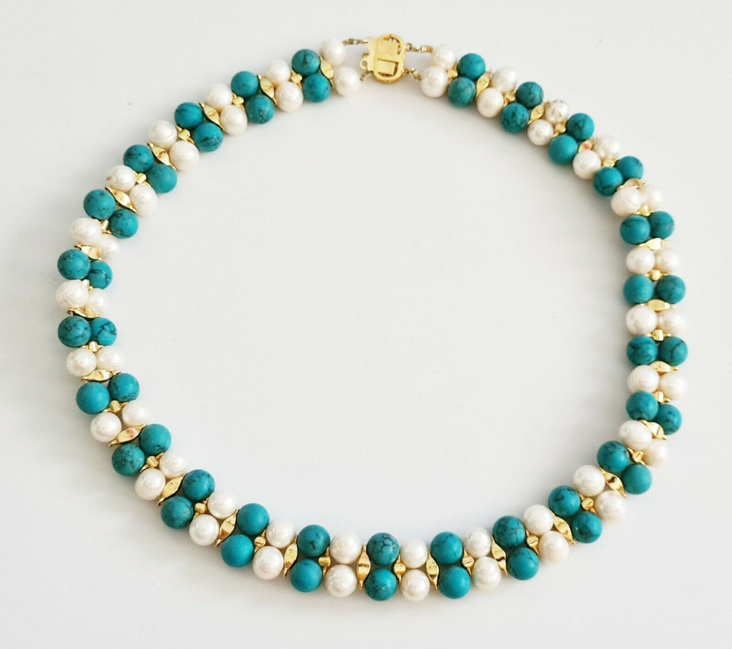 Vintage Turquoise Bead & Pearl Double Strand Choker Necklace w. G.P. Clasp (PaB)