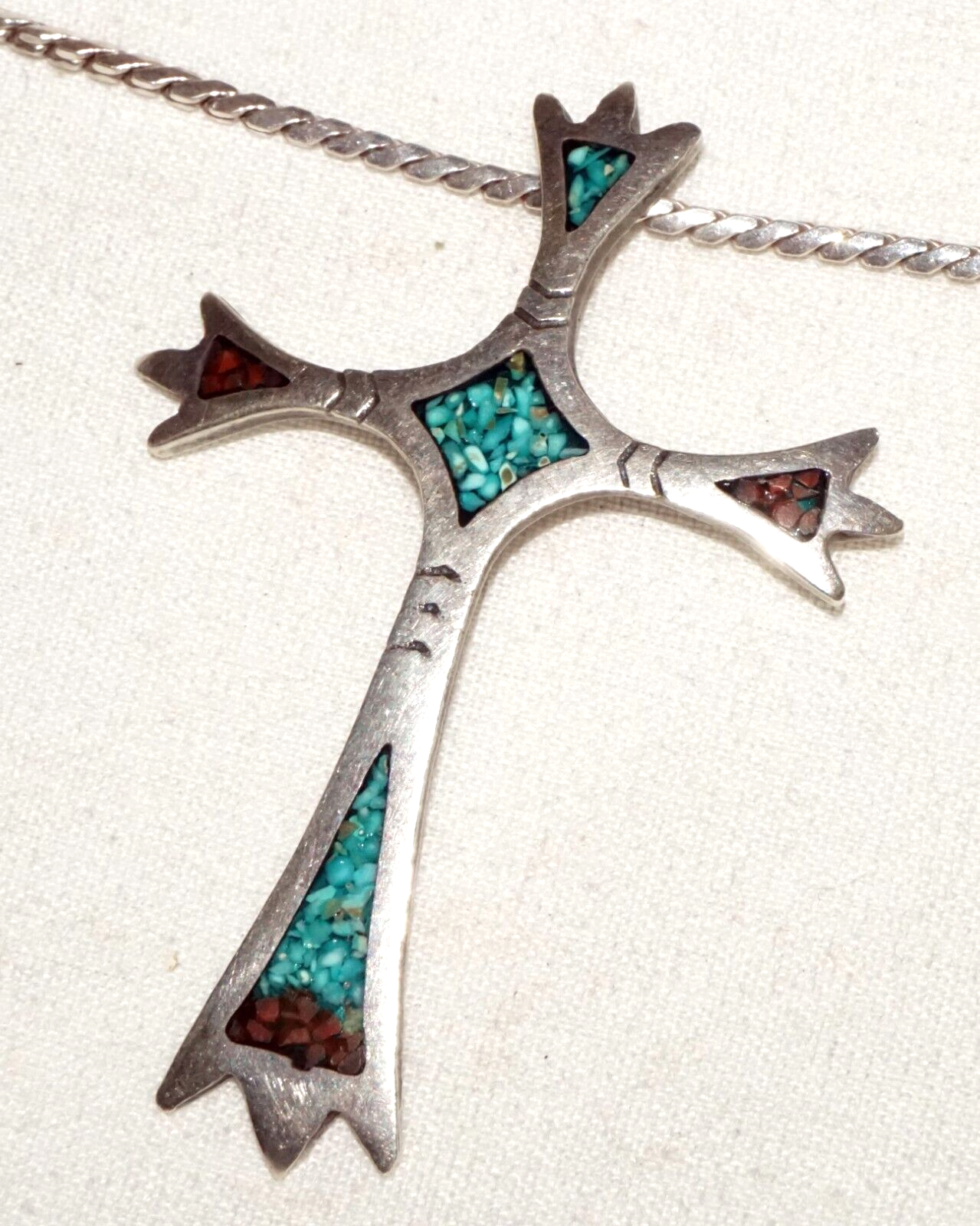 Vtg S.W. US Sterling Silver Necklace & Cross Pendant w. Turquoise & Coral (BeM)