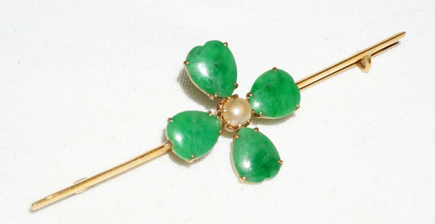 Vtg Chinese 18k Yellow Gold Four Leafed Clover Jadeite Jade & Pearl Brooch (InS)