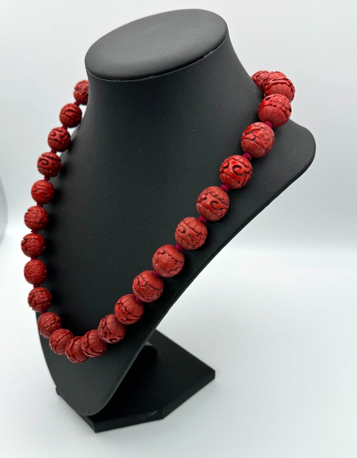 Vintage Chinese Hand-Carved Cinnabar Red Bead Necklace w Sterling Clasp (MiM)