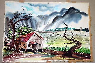 1970s Hawaii Watercolor Painting "Plantation House" by S. Miyagawa (Mi)