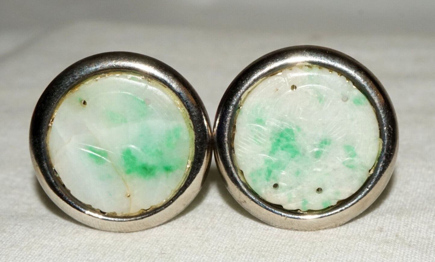 Vtg Sterling Silver White & Apple Green Jadeite Jade Button Ear Clips (LeS)L24