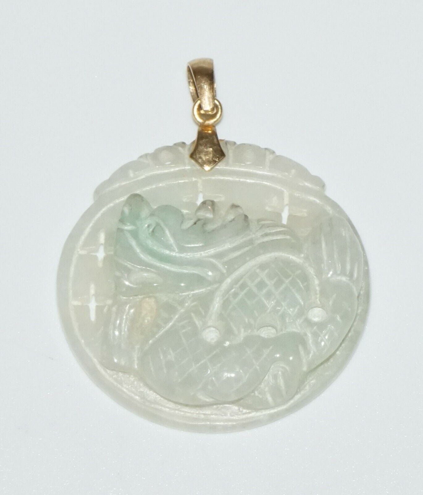 Chinese White & Green Pierced Jadeite Jade Dragon Motif Plaque Pendant (SaR)#289