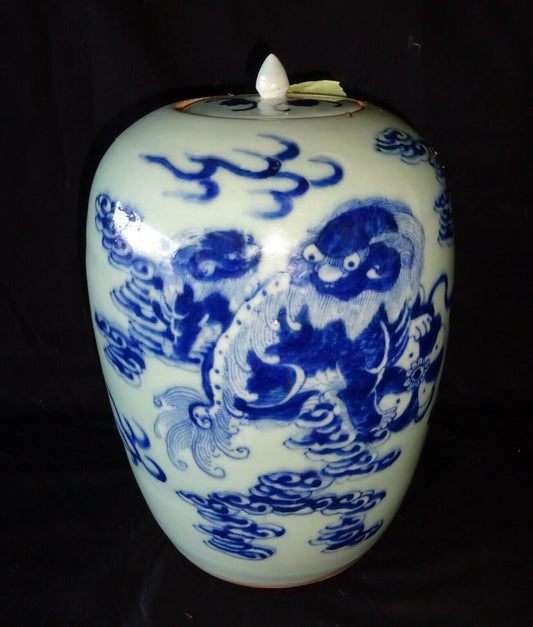 19C Chinese Large Porcelain Covered Jar B&W Lion Dog & Cloud Motif (HeN)#8 IC