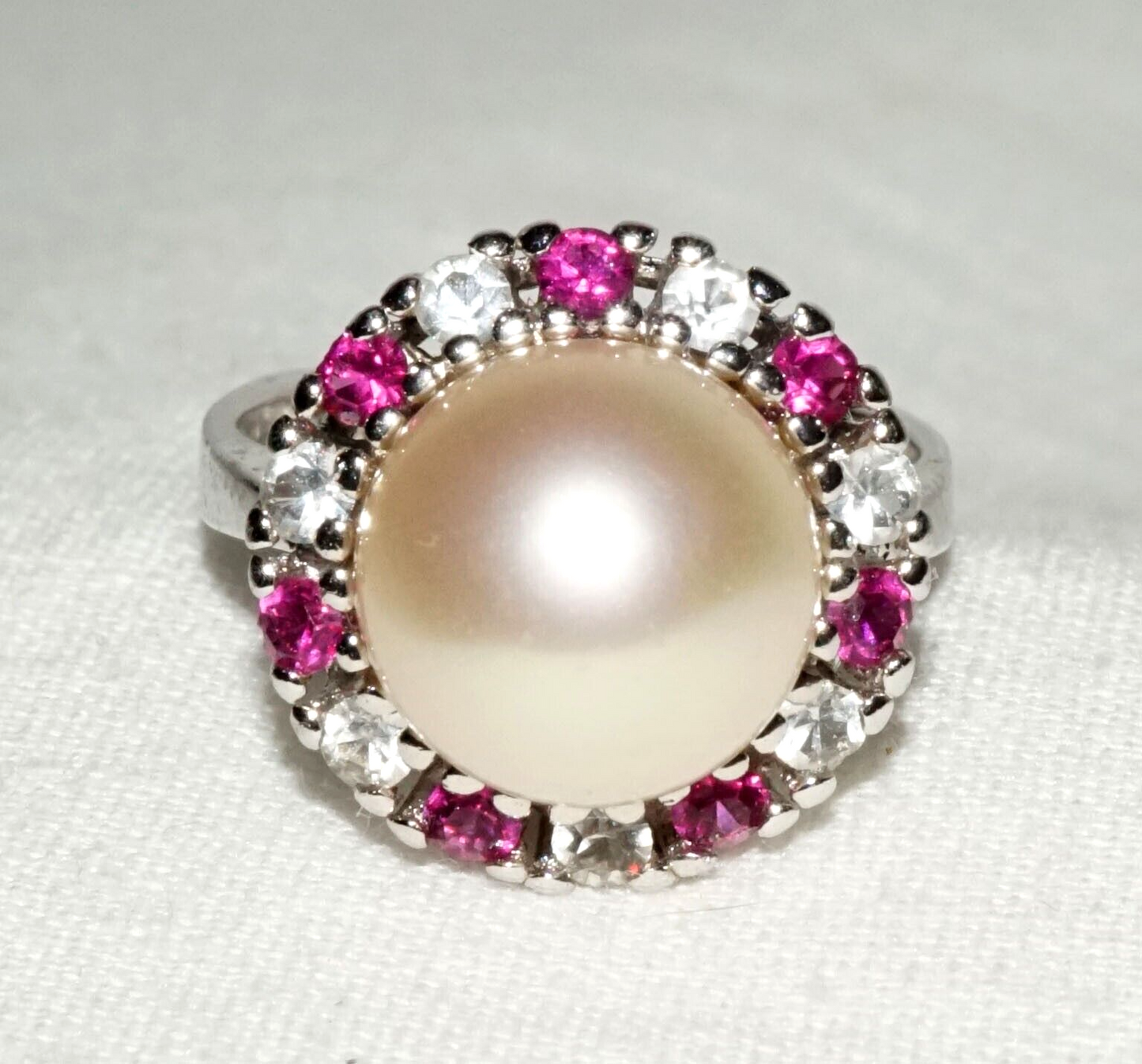 Vintage Sterling Silver Ring Sz. 5.25 w. Faux Pearl & Synthetic Stones (KoS) L17