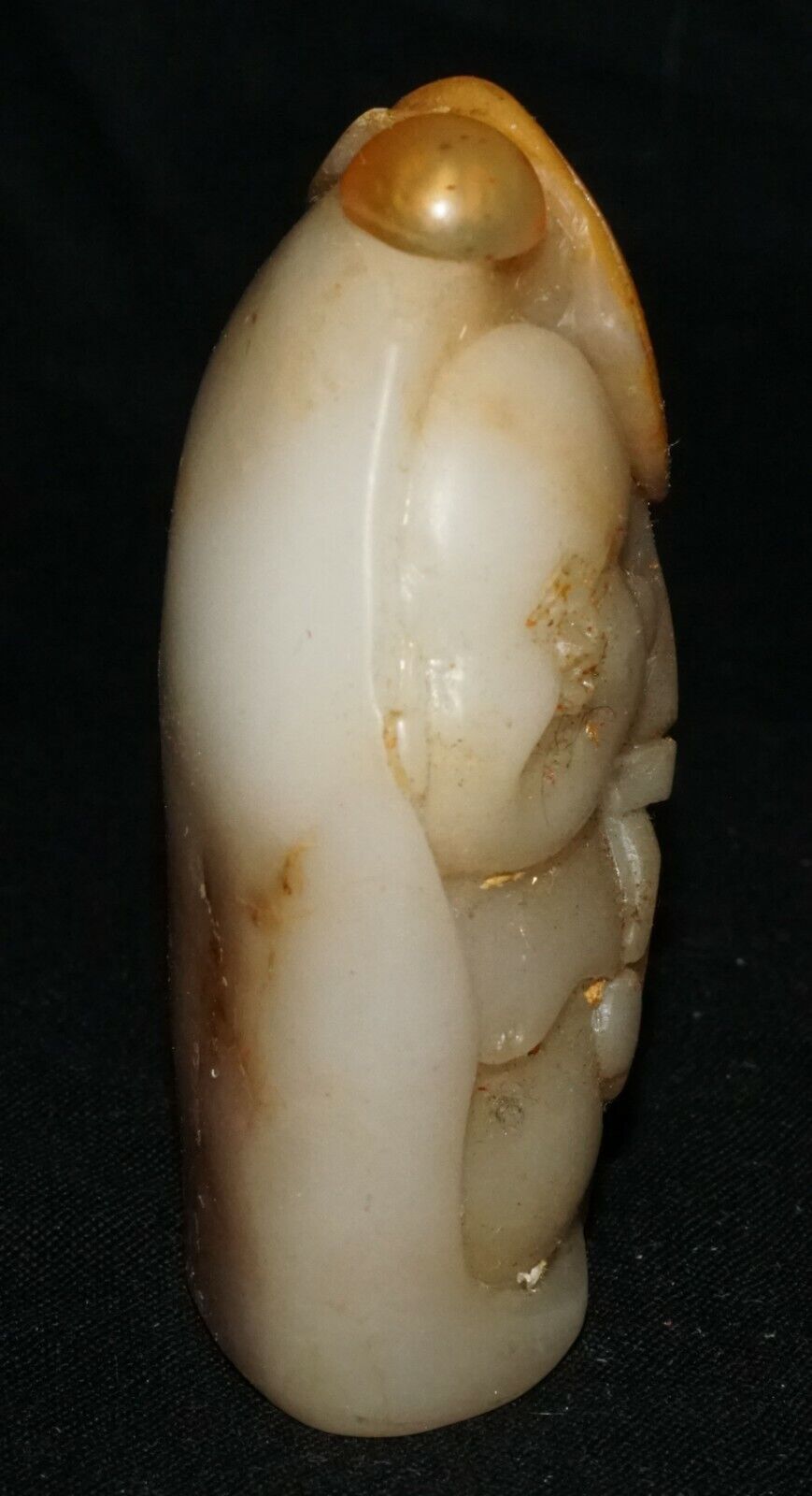 Chinese White Jade Pebble Carved Snuff Bottle w. Laughing Buddha Motif (LeS) G2