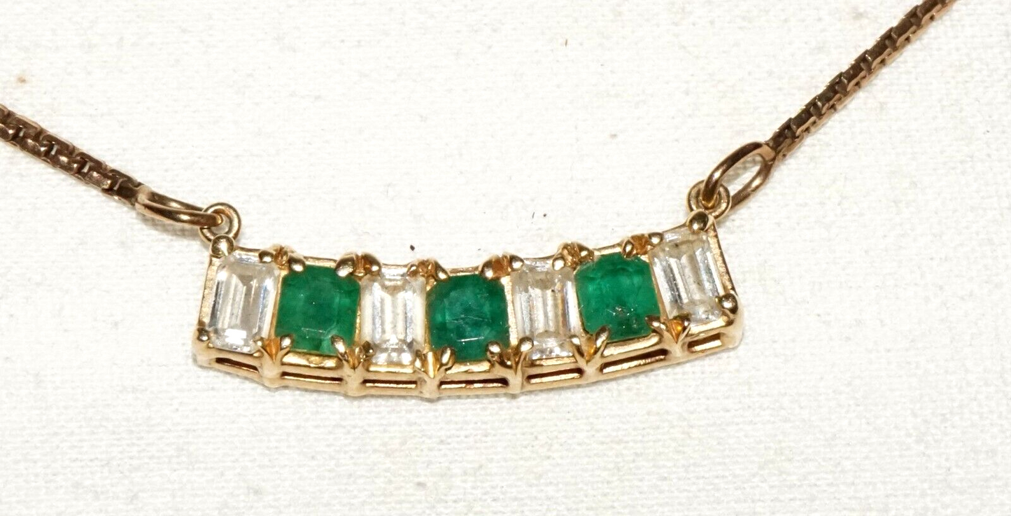 Vintage 14k Yellow Gold Necklace w. Bar Pendant 3x Emeralds & 4x CZ's (GoB) #29