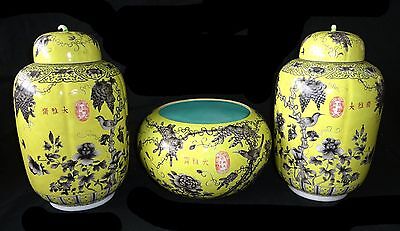 3PC Chinese Grisaille Decorated Yellow Ground Dayazhai Jars & Bowl (Geo) IC