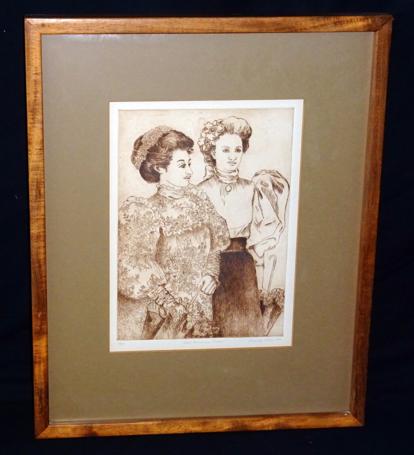 '80 Hawaii Sepia Etching Print 10/175 Two Hawaiian Ladies by Franki Morris (Wil