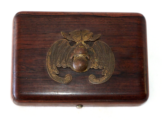 1920s Chinese Hongmu Hinged Top Box w. Bat & Double Peach Relief Plaque (ChB)