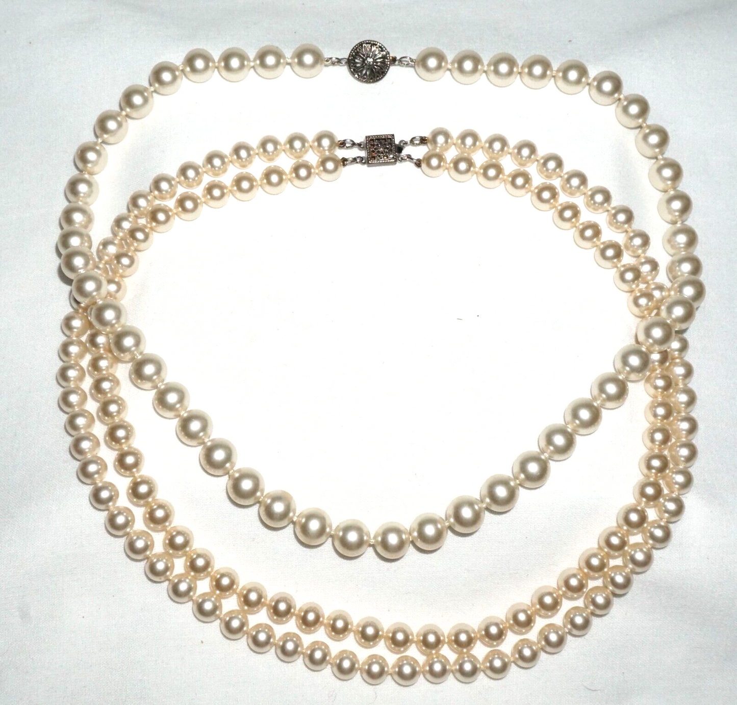 2Pc Vintage Faux Pearl Single & Double Strand Necklaces w. Silver Clasps (BrM)