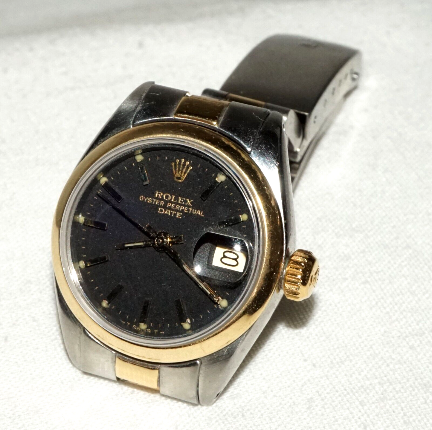 1970s Rolex DateJust Woman's Wristwatch Stainless & Gold & Black Dial (MHB)