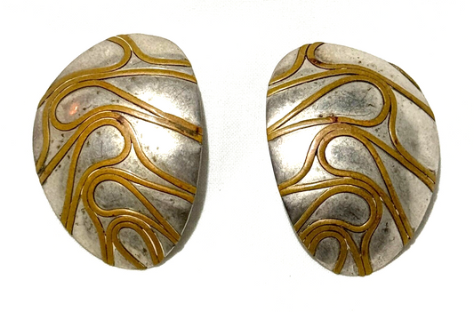 Modernist Silver Plate & Bronze Abstract Non Pierce Earrings Marked GM (KiL)22
