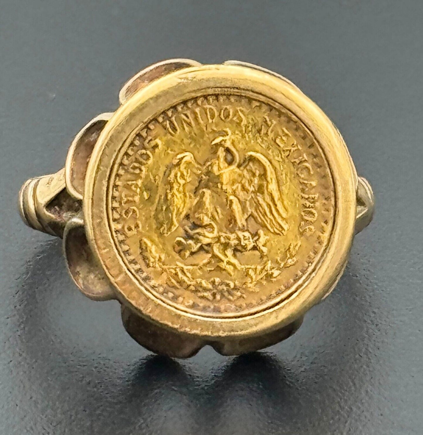 Vtg Mexican 14k Yellow Gold Ring Sz. 7 w 21k Yellow Gold Dos Pesos Coin (McC)