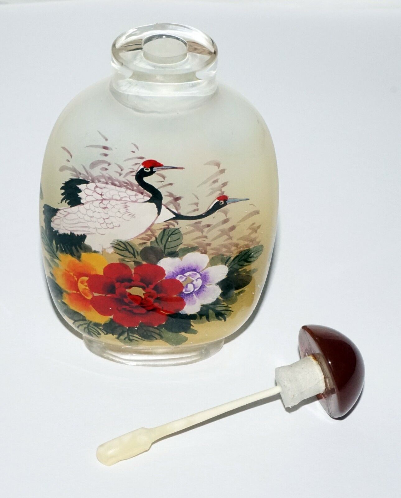 Vintage Chinese Reverse Painted Glass Snuff Bottle w. Birds & Flowers (LeS)