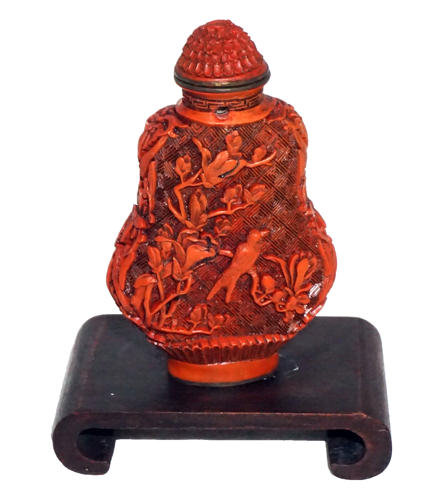 Chinese Cinnabar Style Carved Snuff Bottle w. Birds Motifs & Reign Mark (Kai)