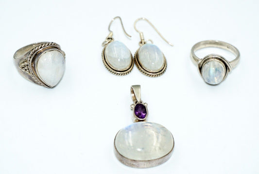 5Pc Sterling Silver & Moonstone Rings Sz.8, Pendant & Earring Mixed Group (Tra)