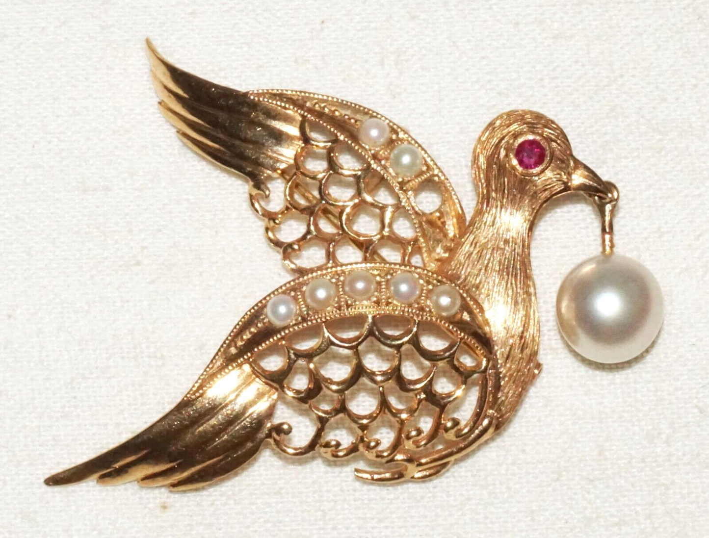 Vintage 14k Yellow Gold Dove Motif Brooch Pendant w. Ruby & Pearl Accents (KiL)