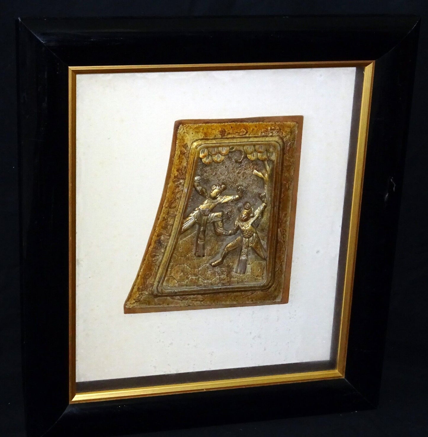 19C Chinese Framed Wooden Carving of "Two Figures Beneath a Tree" (***)