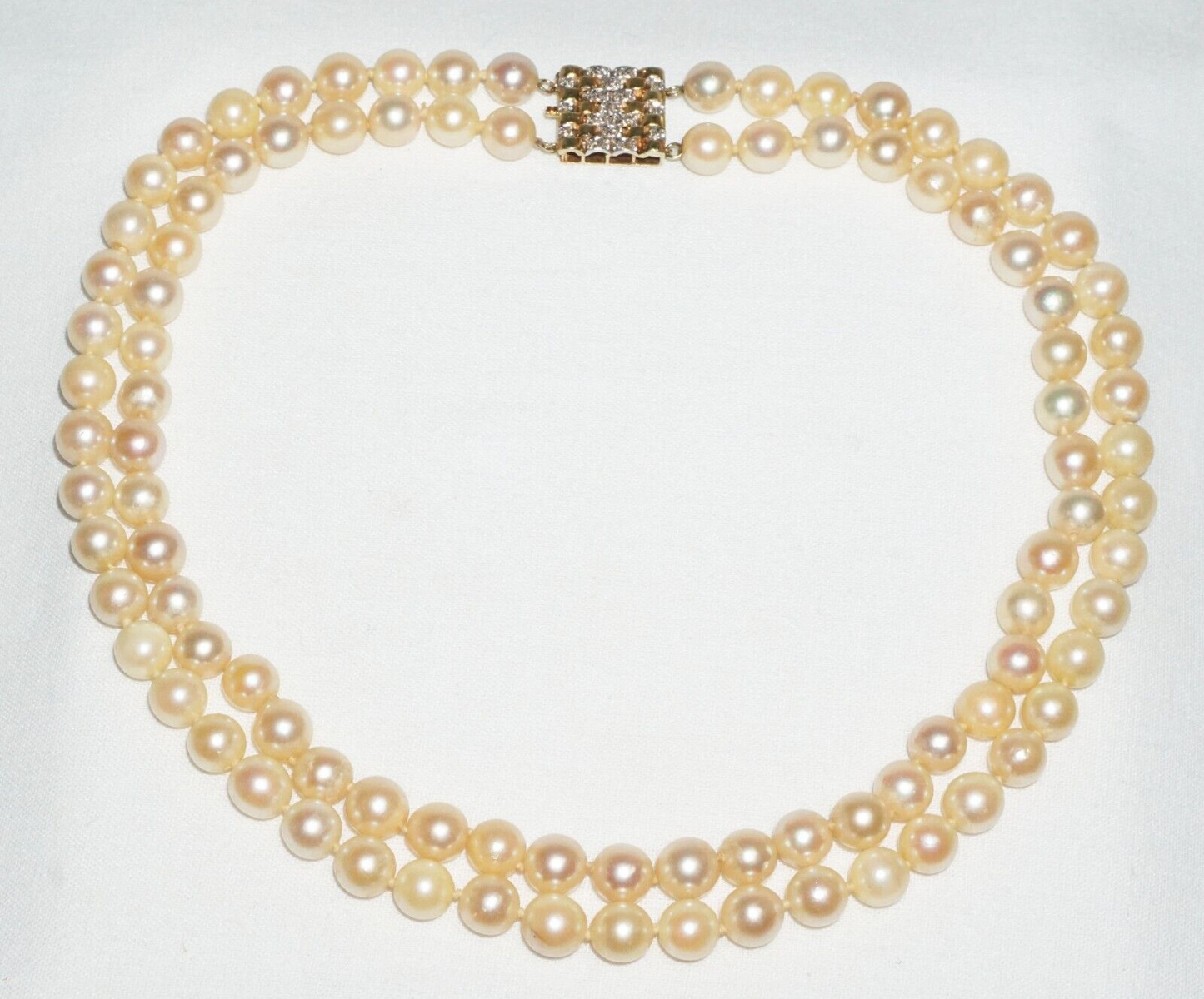 Vintage Double Strand Pearl Necklace 14k Y. Gold Clasp w. 28x Diamonds (BiB)