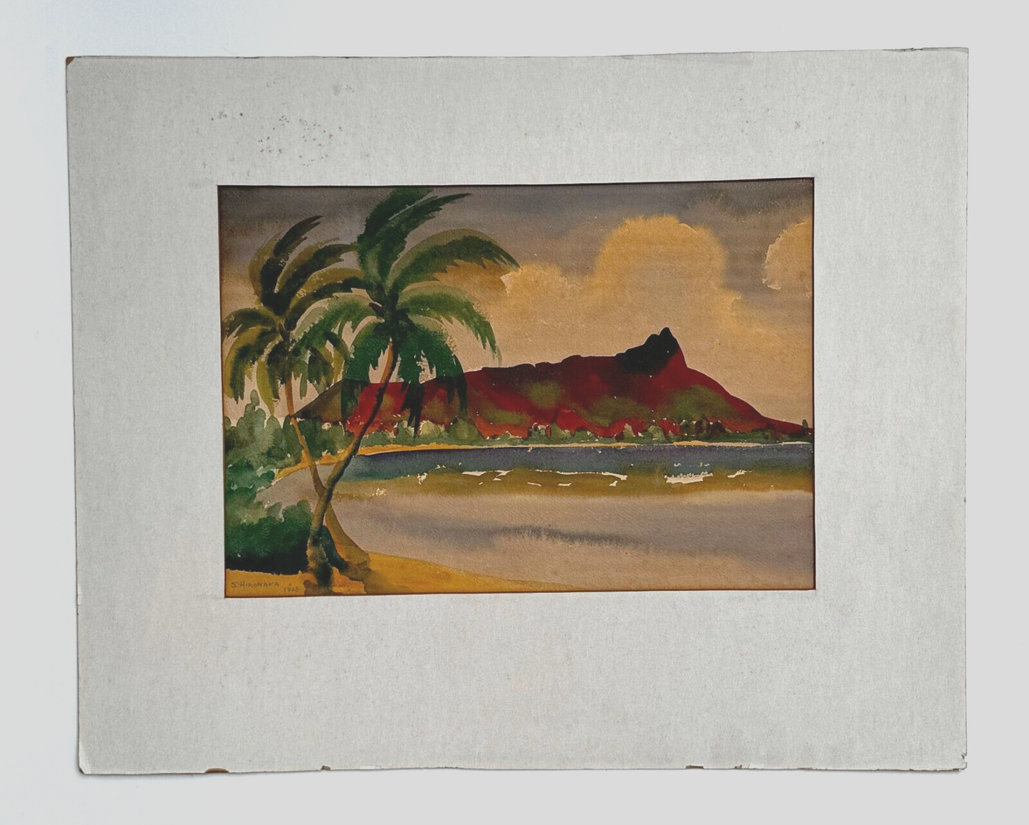 1938 Hawaii Watercolor Waikiki Shoreline w Diamond Head by Sunao Hironaka (KoR)