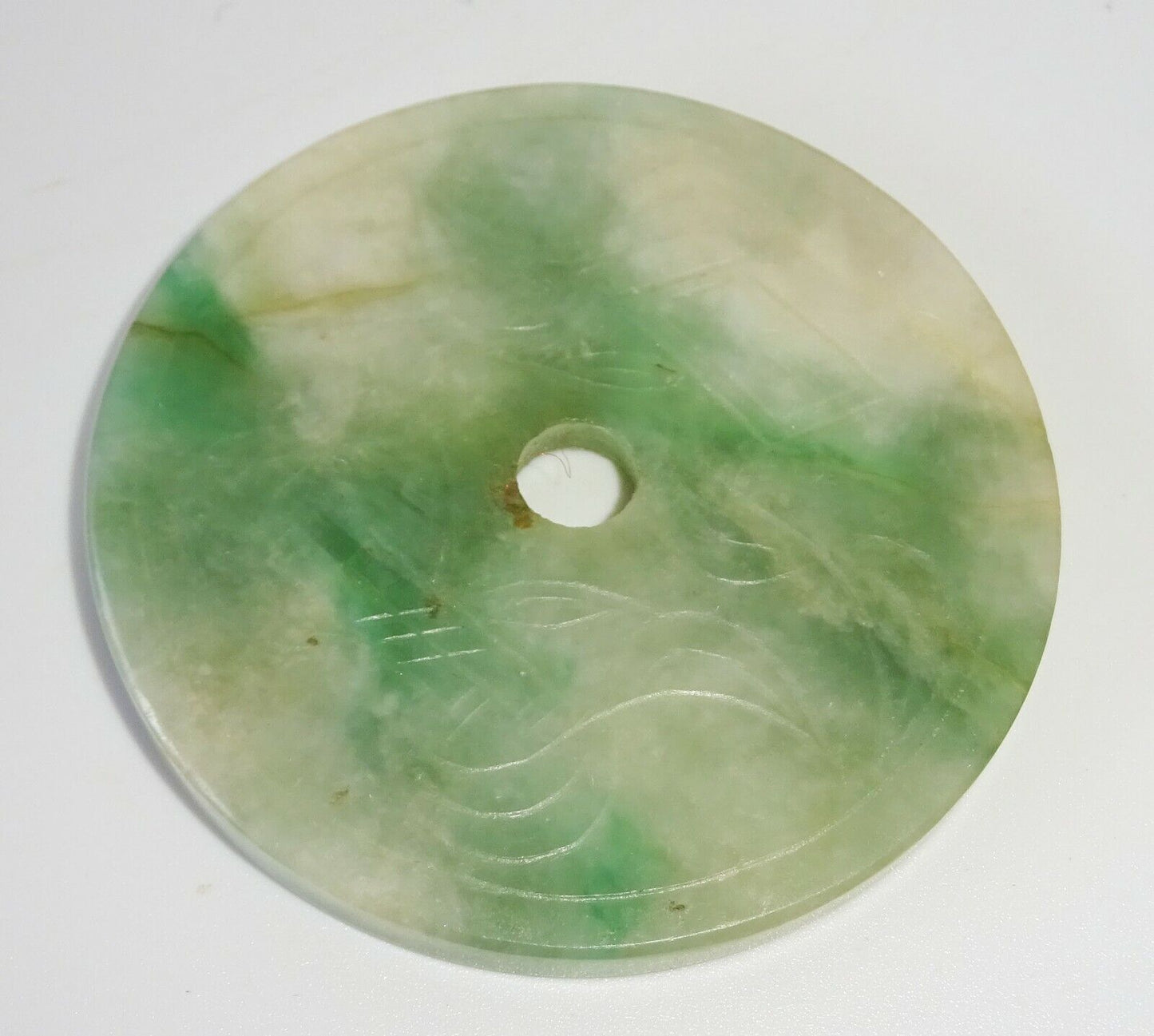 20C Chinese Jadeite Jade Incised Petal Motif Disk Carving (FeO) #37a