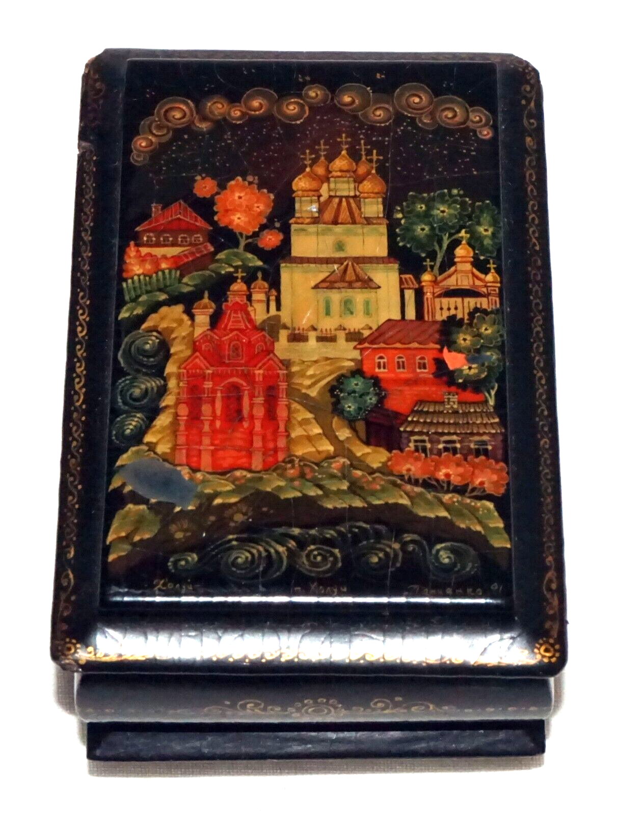 Vintage Russian Lacquer Box Church & Village Motif signed (AHB