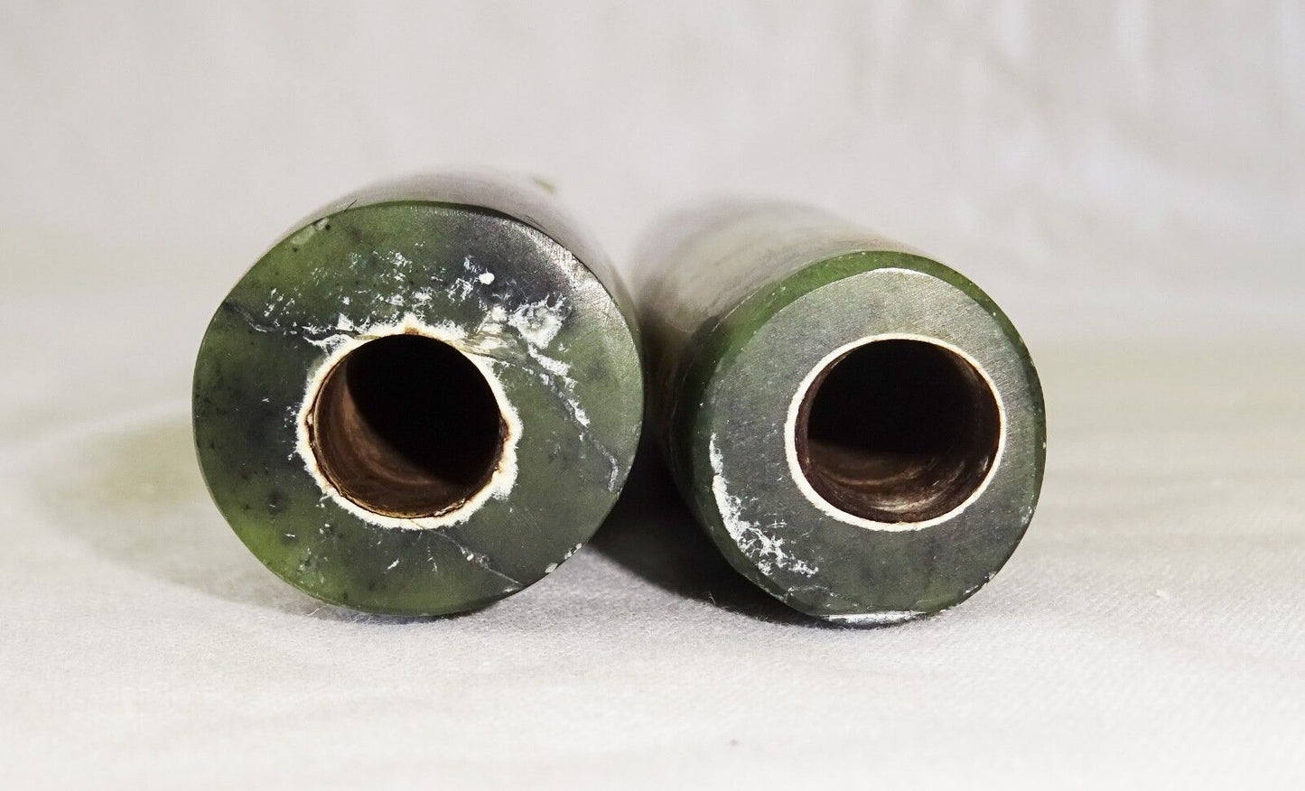 10C Pair Chinese Song Dynasty Large Green Tubular Drilled Jade Beads (Mil)