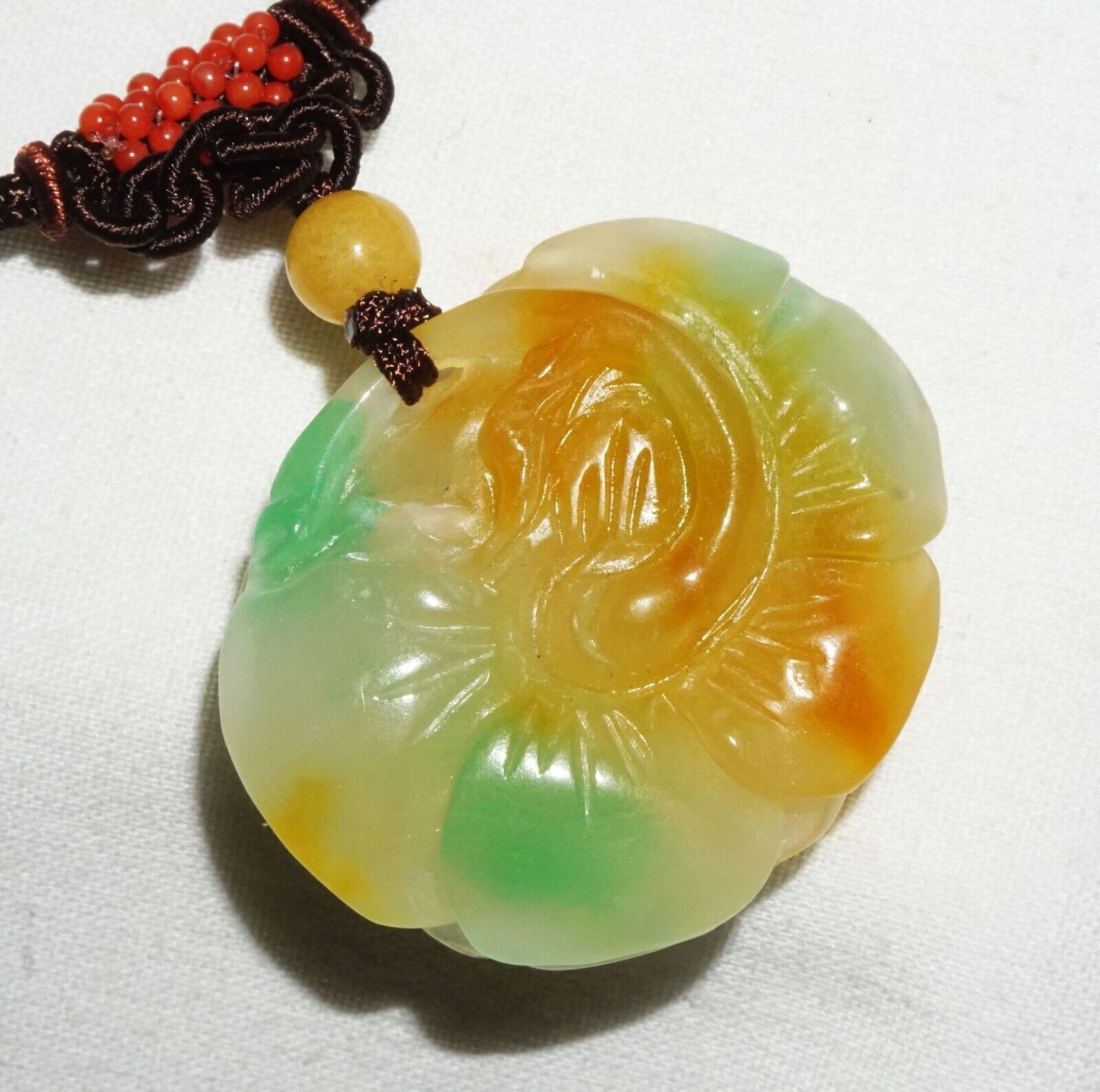 Vintage Chinese Semi Translucent Jadeite Jade Pendant w. Flower Motif (---)