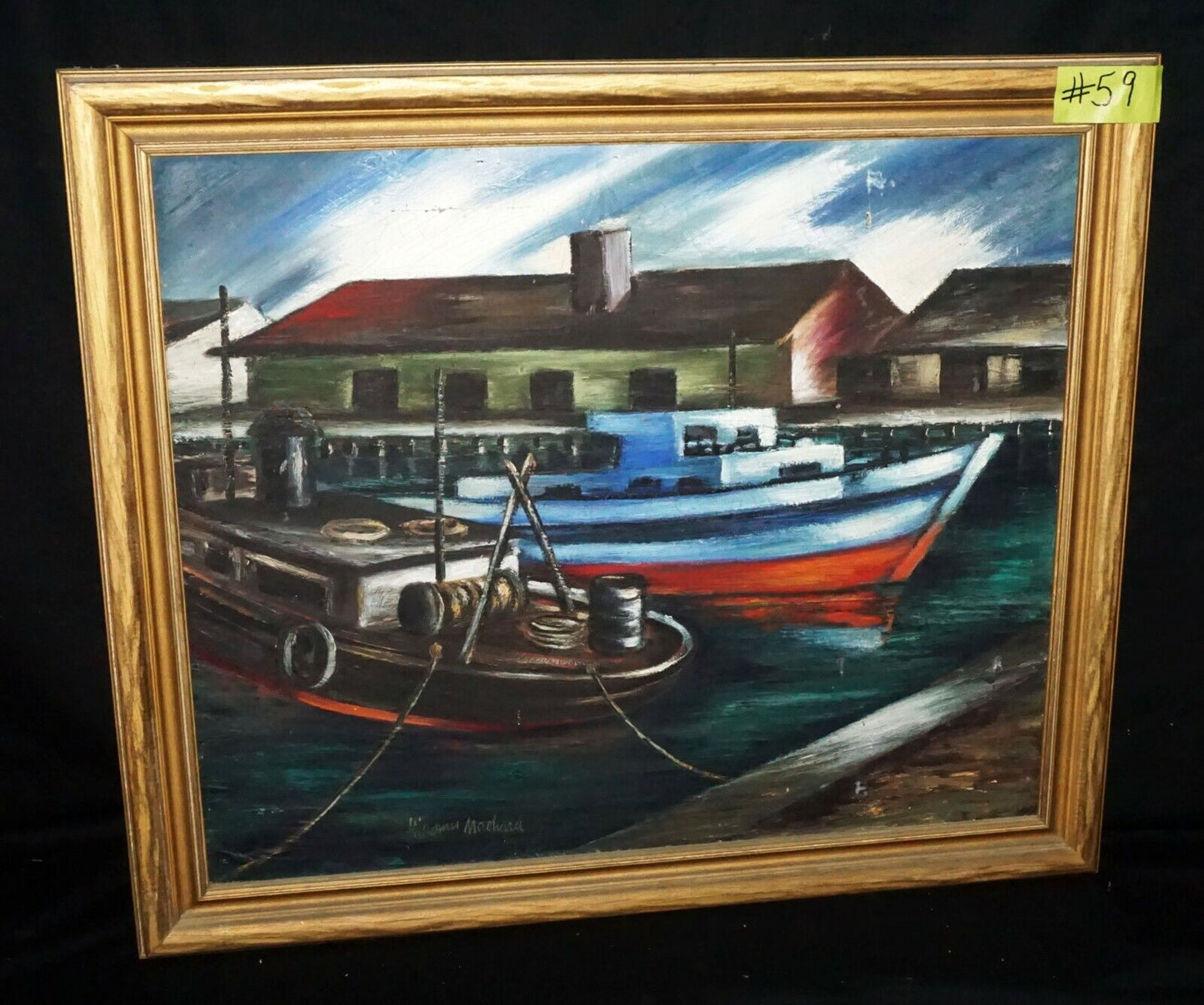 '30s Hawaii Oil Painting "Harbor View" by Hiromu Machara Hui Nani Art Club (***)