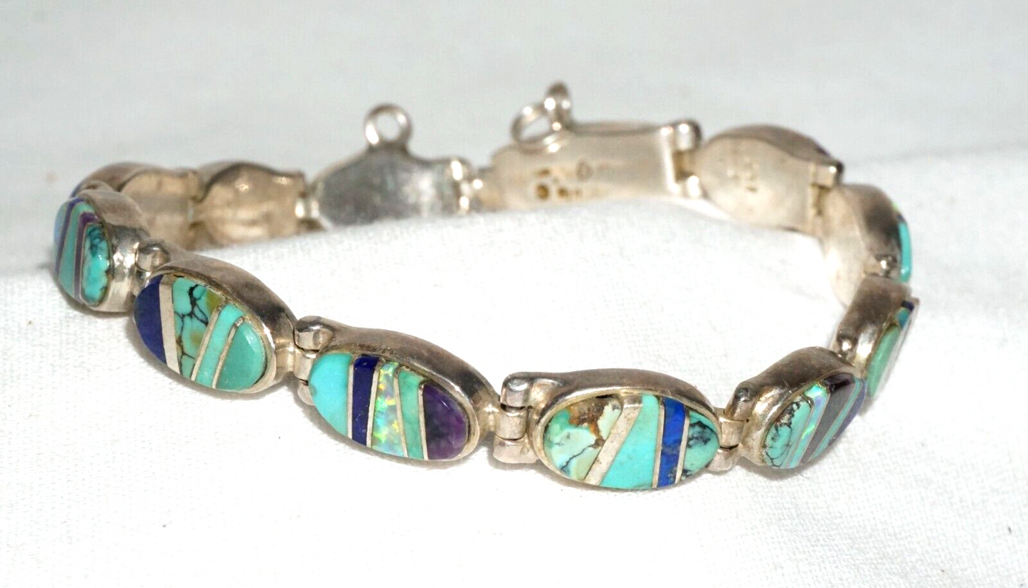 Vtg Navajo Sterling Silver & Gemstone Bracelet Santa Fe Evangeline David (JoD)