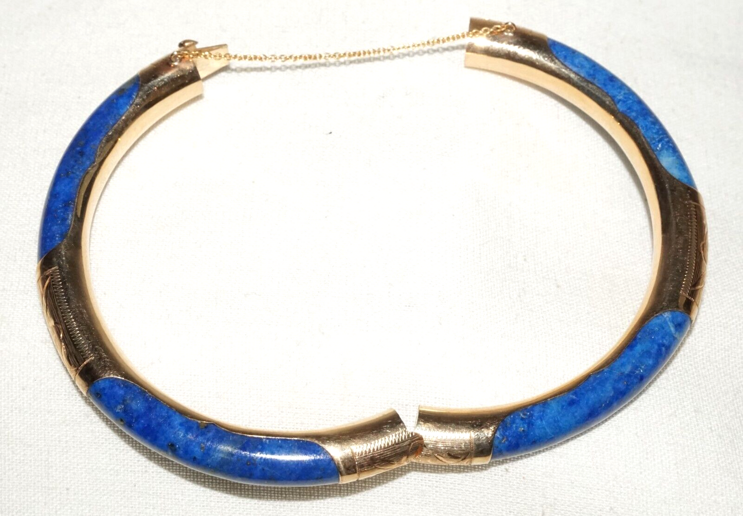 Vintage Chinese 14k Yellow Gold & Sodalite Hinged Bangle Bracelet (InS)#L1