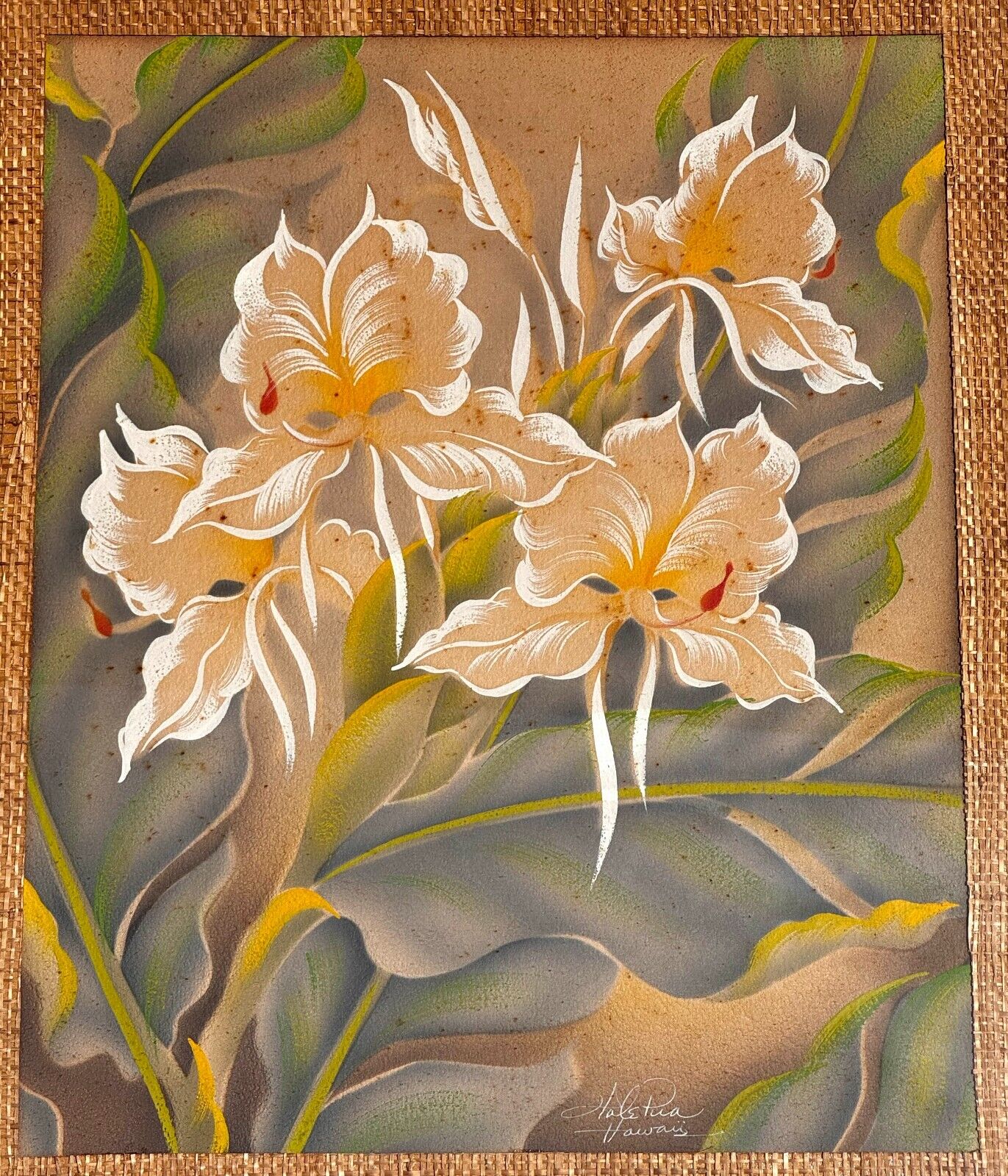 (2x) 1950's Hale Pua Hawaii Airbrushed Floral Paintings by Frank Oda (KuK)