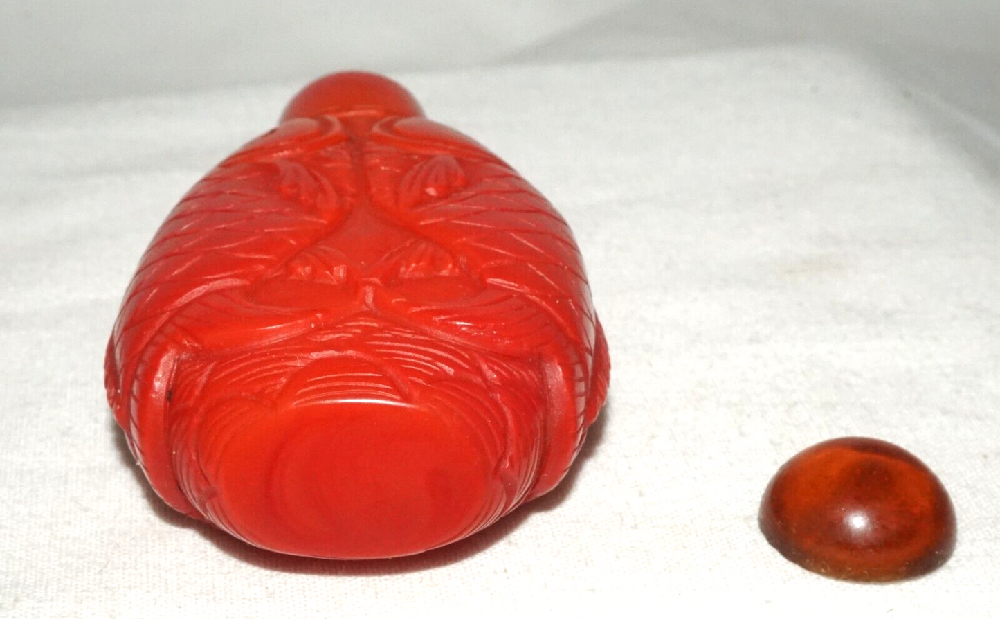 Vintage Chinese Red Glass Snuff Bottle w. Double Leaping Carp Motif (FeH)