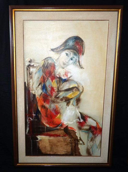 Vintage German Oil Painting of a Harlequin by Evelin Krumnau (HiC)