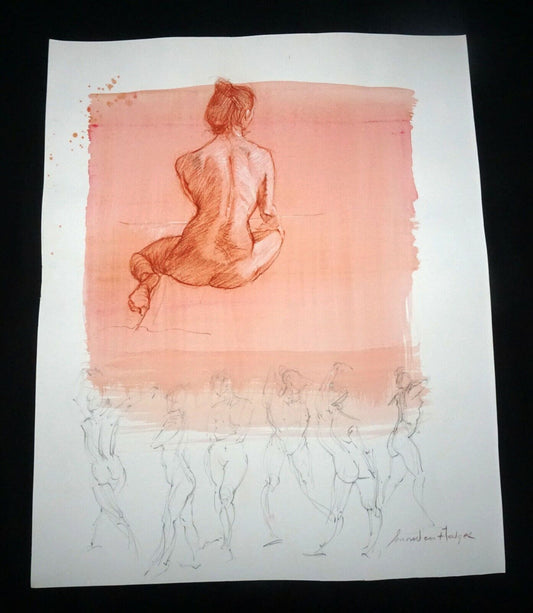 Hawaii Mixed Media Wash Painting Seated Female Nude Back Snowden Hodges(Sho)#106