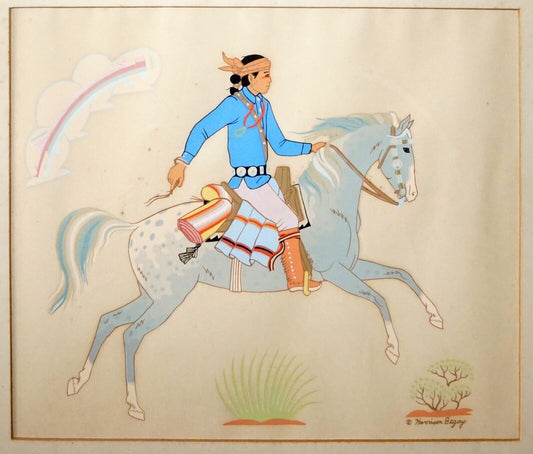 Vintage Navajo Gouache Painting Rider by Harrison (Haskay Yahne Yah) Begay (ChB)