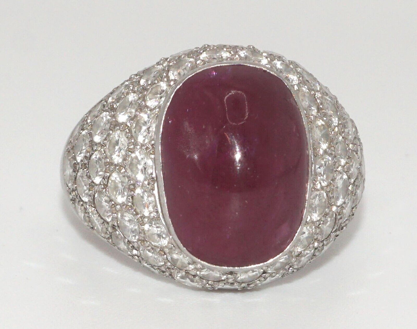 Vintage Platinum Ring w Ruby Cabochon & Diamond Pave-Set Dome Sz. 9 1/2 (LeD)