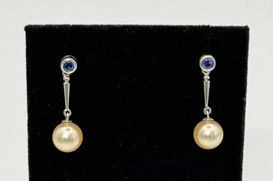 Vintage 18k White Gold, Golden Pearl and Blue Sapphire Drop Earrings (MeC)