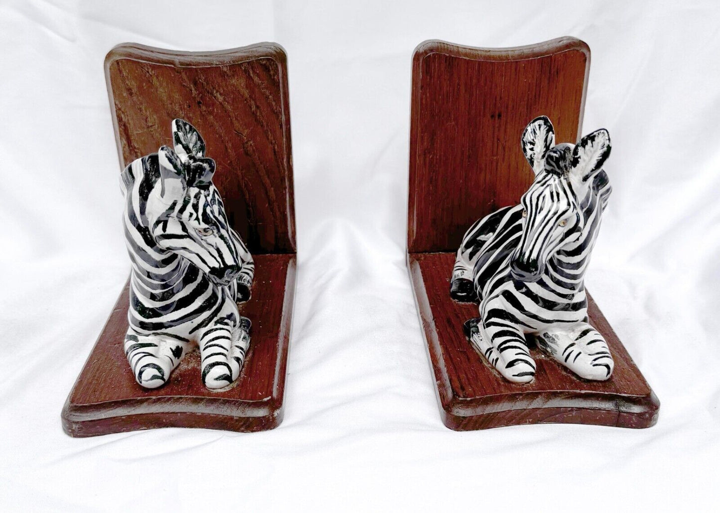 Vintage Hand-Painted Ceramic & Wood Zebra Bookends (SmM)