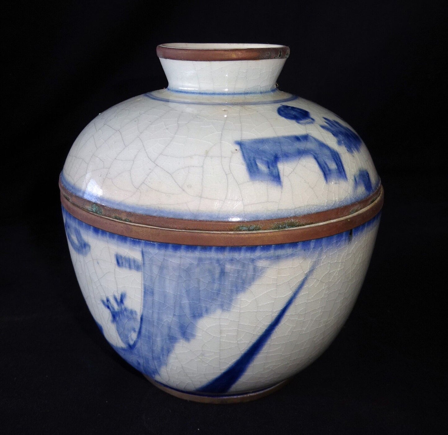 19C Chinese Blue & White Design Covered Pot w. Figures in Landscape Motif (Drc)