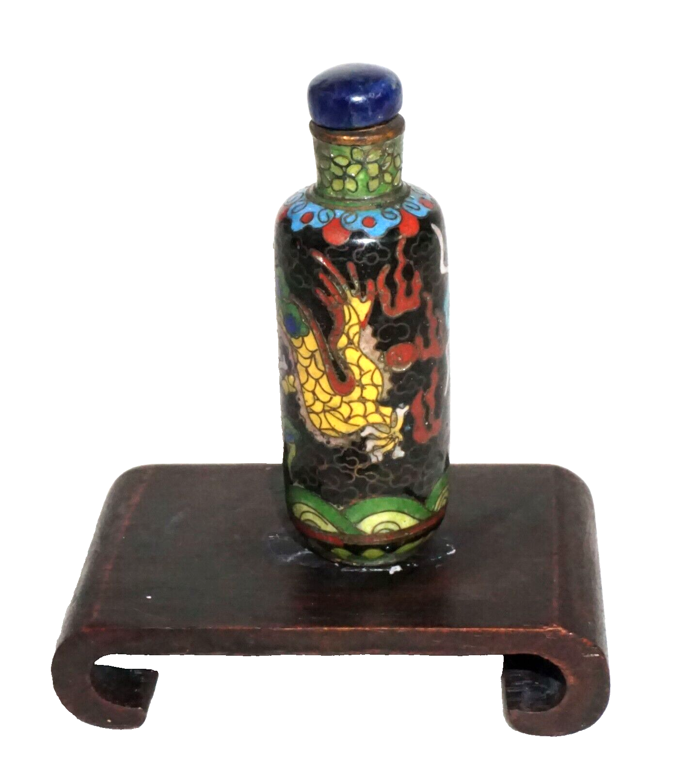 Vintage Chinese Cloisonné Snuff Bottle Writing Dragon Motif w. Sodalite (Kai)