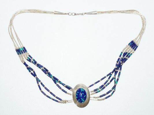 S.W. Sterling Silver Silver Bead Necklace w. Azurite Beads & Pendant (SaR)#233