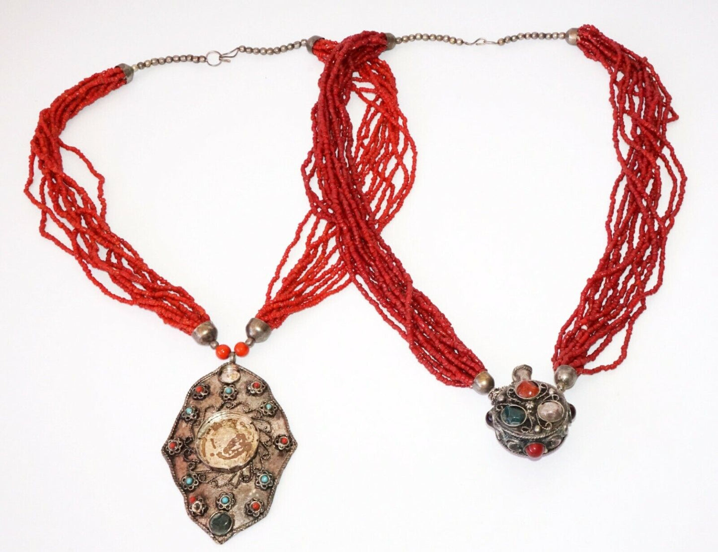 2x Nepal/Tibet Style Tribal Bead Necklaces w. Snuff bottle/Silver Pendant (Gre)