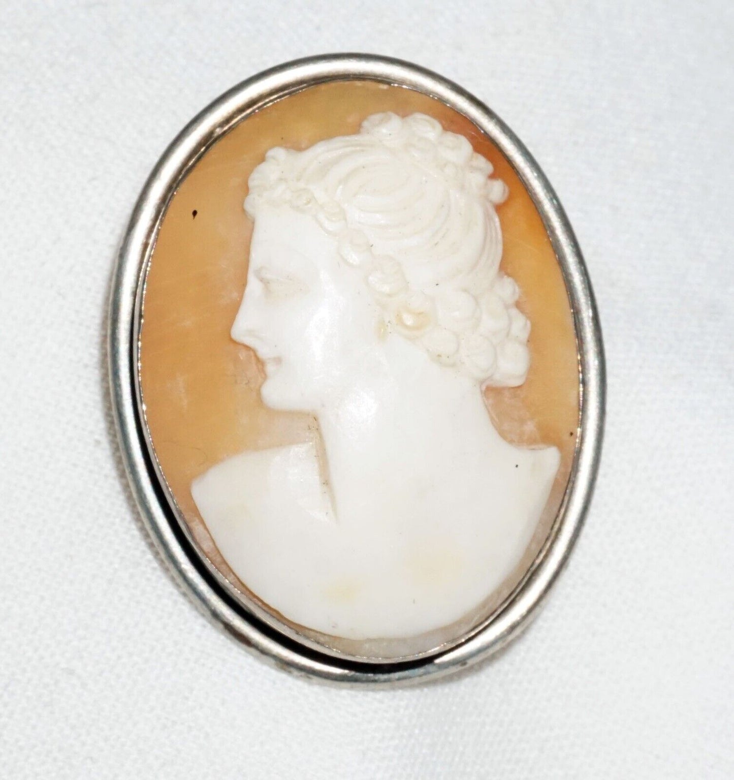 Vintage 900 Silver Shell Cameo Brooch Pendant w. Female Bust Motif (BiB)